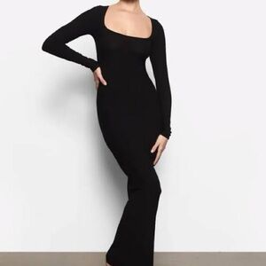 SKIMS Black Ribbed Long Sleeve Fitted Maxi Dress